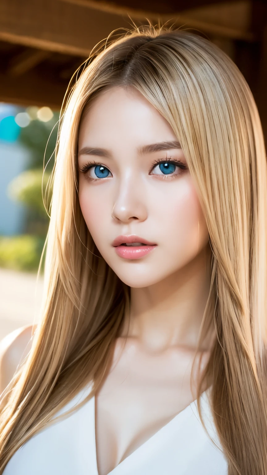 (Full body shot),8K, masutepiece, Raw photo, Best Quality, Photorealistic, Highly detailed CG Unity 8k wallpaper, depth of fields, Cinematic Light, Lens Flare, Ray tracing, (Extremely beautiful face, Beautiful lips, Beautiful eyes), intricate detail face, (( Ultra detailed skin)), (Full body shot), Very white and bright skin、A beautiful girl、Sexy 18 years old cute sexy little beautiful face、Shiny hair dancing in front of a pretty face、Long, silky bangs that cover the eyes、Hair that hides the face、Too long hair、Sexy cute young woman、Super long platinum blonde shiny bright hair、Big, bright blue eyes that shine so beautifully、Very big eyes、Super long straight hair、Small Face Beauty、Round face、Cheek gloss highlighter、super long natural blonde shiny shiny hair、cheek highlights、Teak Gloss, high contrast, (Fuji colors: 1.5), film grain, Ultra high res.photorealistic:1.4,UHD
