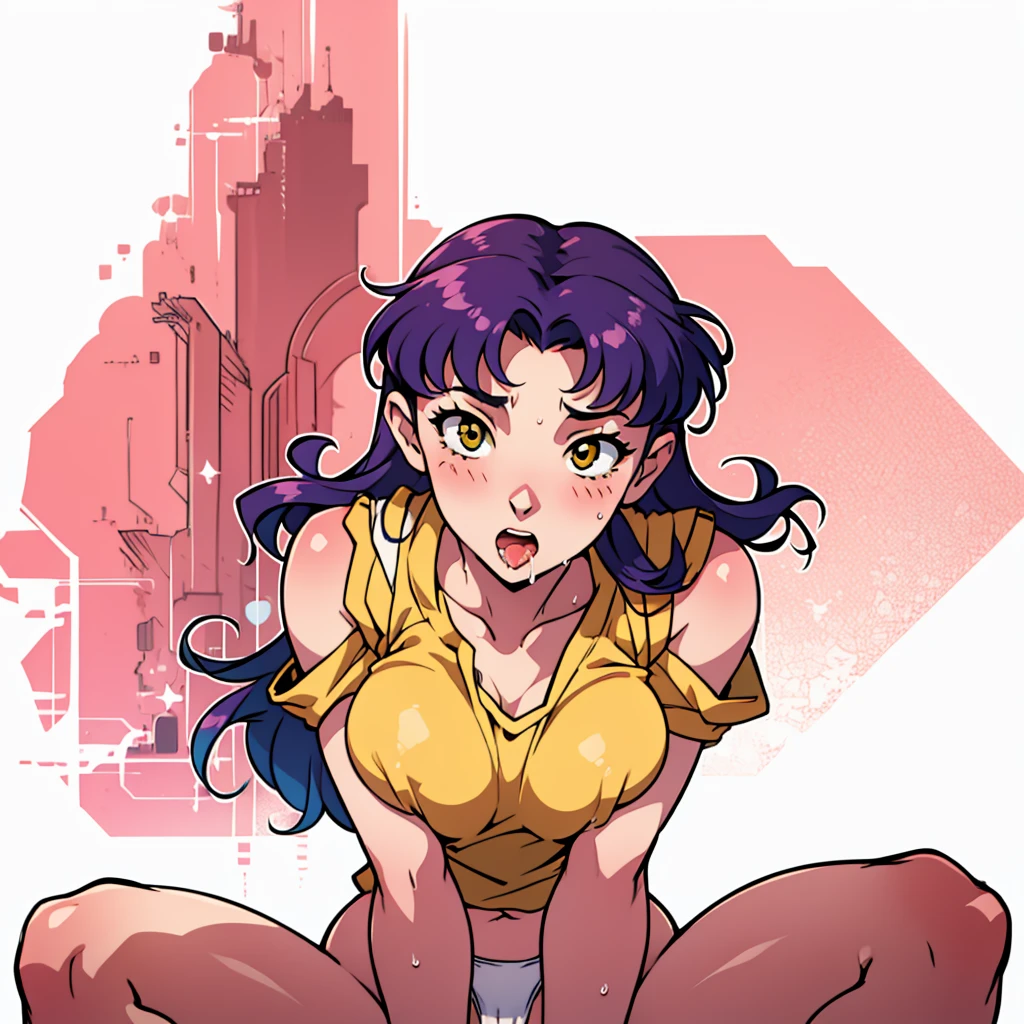 1 girl, front view, blush, amazing, lovely girl, from behind, (katsuragi misato), best quality, great artwork, sensual image, bouncing breast, (white background:1.3, drunk girl, saliva, solo, bend over:1.3, v arms, yellow blouse), eyes detail, face detail, sit with spread legs, white panties,