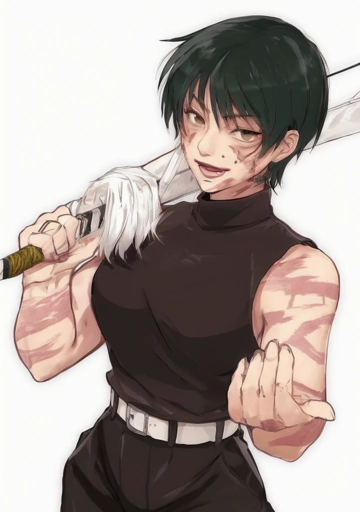 Girl. Burns on face. Short green hair. Black sleeveless shirt. Pants with white belt. Holding a katana sword.