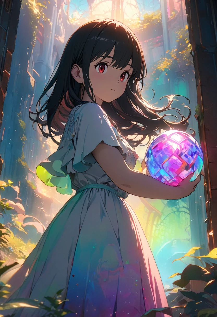 (masterpiece, Highest quality:1.2), a girl with black hair, red eyes, artwork, holding a translucent ball, extravagant and illustrative, dreamy color palette, cyan and amber, cinematic lighting, best quality, high quality, intricate, absurdres, very detailed, extremely high resolution, 8k, Studio Ghibli.