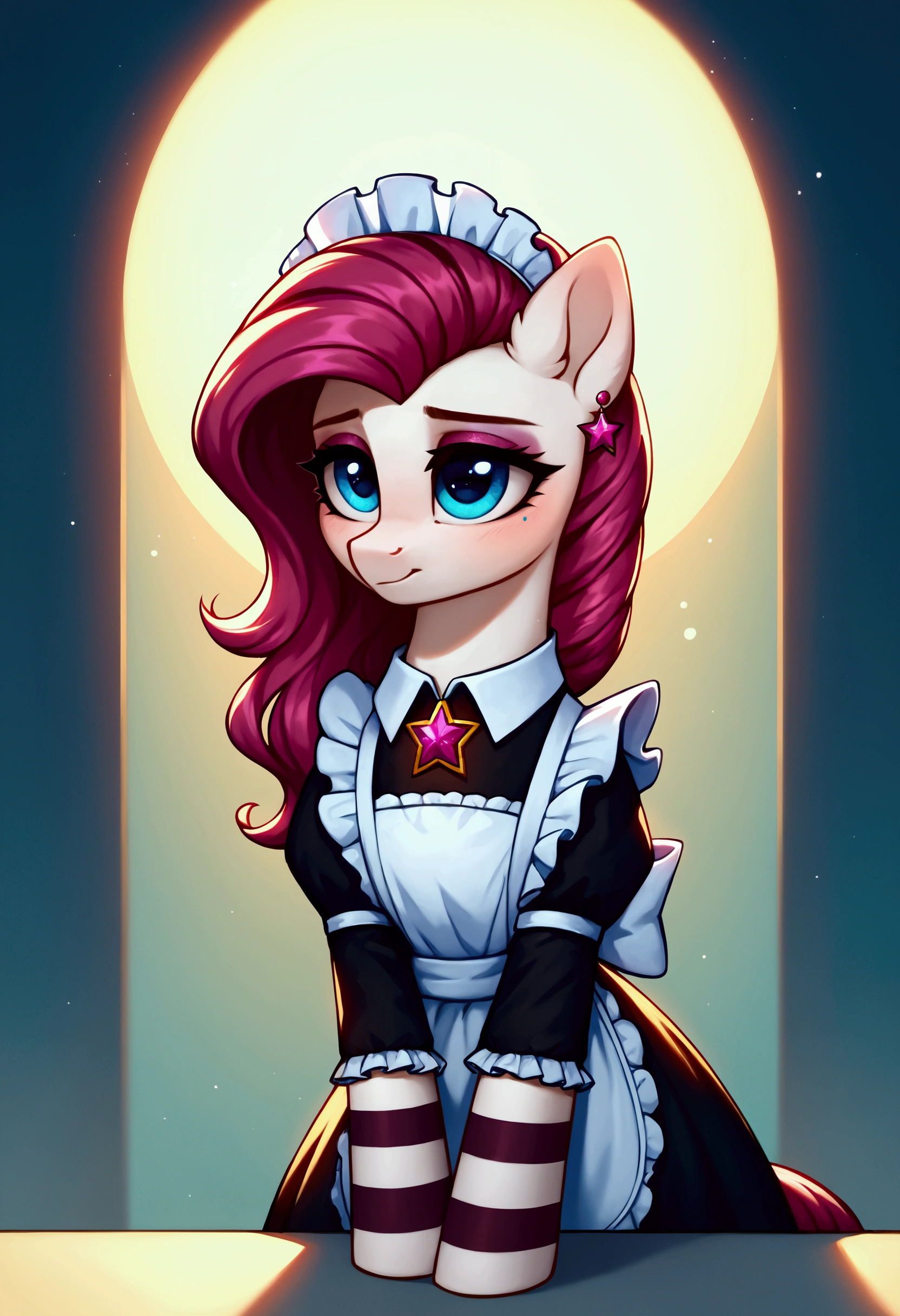 score_9,score_8_up,score_7_up,score_6_up, ((my little pony)), radiant lighting, vibrant colors, whimsical atmosphere, 8K, high resolution, highly detailed, masterpiece, (shy look), ((pony body)), white body, magenta hair, blue eyes, (maid costume), striped stockings, star pendant, earrings, eyeshadow