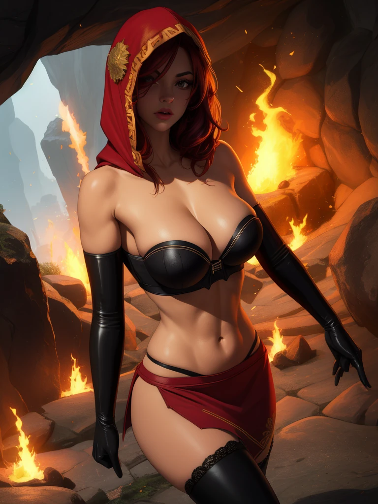 Dsorceress, redhair, shadowy face,dark cave, fire, hood, shadowed face, strapless bra, slim and athletic body, miniskirt, no panty, elbow gloves, dark skin, 1 girl (insanely detailed, masterpiece, best quality)