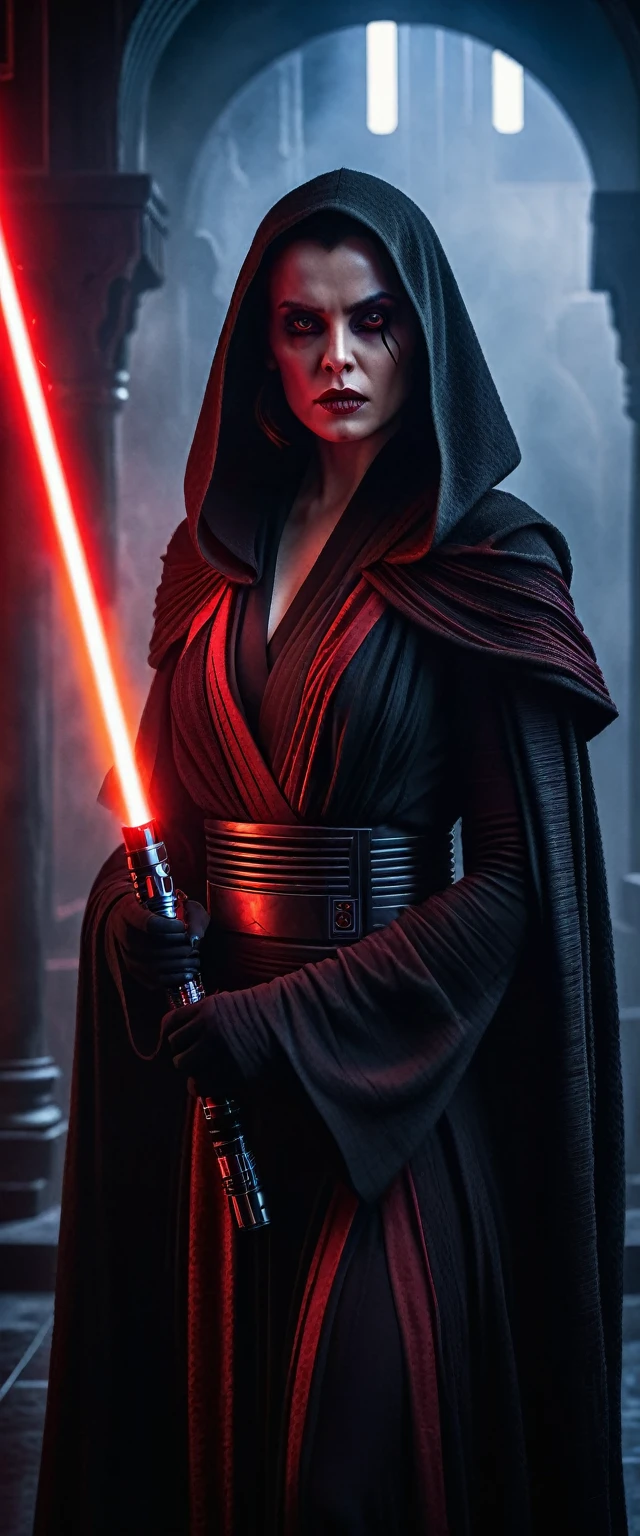a female Sith lord in a dark, cinematic Star Wars setting, highly detailed, dramatic lighting, volumetric fog, dramatic camera angles, intricate costume design, glowing red lightsaber, intense facial features, piercing yellow eyes, fierce expression, flowing black robes, gothic architecture in the background, moody color palette with deep shadows, cinematic composition, photorealistic, 8k, hyper-detailed
