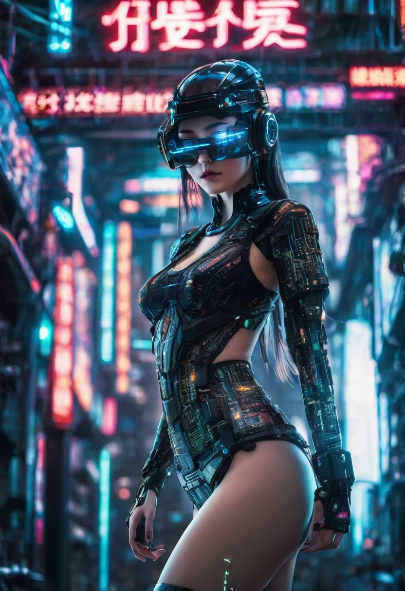 beautiful cyberpunk girl wearing a futuristic head mounted display,  (finely detailed skin), pale skin, (in a deep neckline highly detailed sexy futuristic cyberpunk black crop top and underpants made of circuit boards, cybernetics, japanese words with a flare effect, beautiful epic composition, futuristic, masterpiece, sensual, appealing, posing for a photo