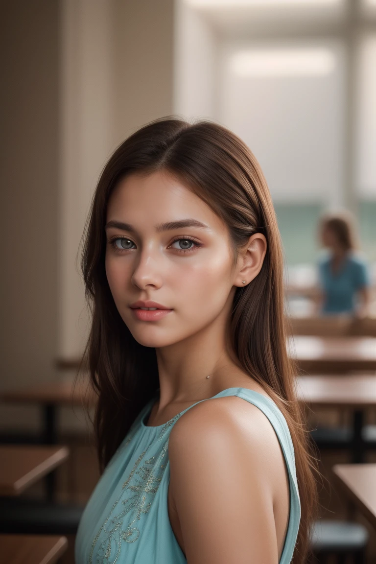 a serious and gentle looking 18 year old girl with brown hair with lighter highlights, dark blue eyes, tanned skin, wearing a cyan dress with no neckline, standing in a cafeteria, (best quality,4k,8k,highres,masterpiece:1.2),ultra-detailed,(realistic,photorealistic,photo-realistic:1.37),detailed facial features, intricate dress patterns, natural lighting, warm color tones, cinematic composition