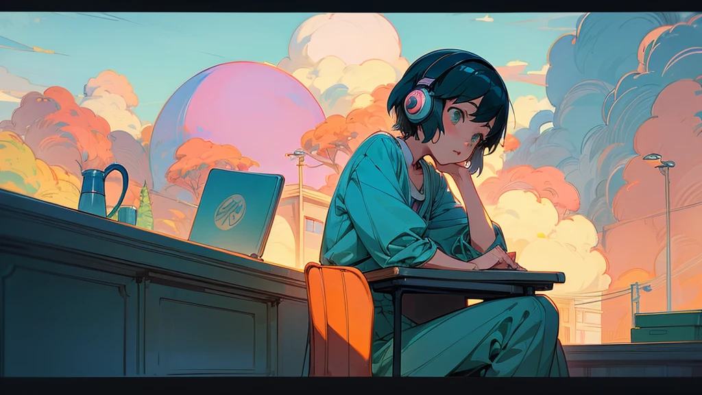 anime character sitting at a desk with a laptop and headphones, an anime drawing inspired by Atey Ghailan, trending on pixiv, art nouveau, lofi girl, lofi artstyle, style in ghibli anime, style in ghibli anime style, lofi colors, ghibli studio anime style, lofi art, lofi girl aesthetic, satoshi kon artstyle