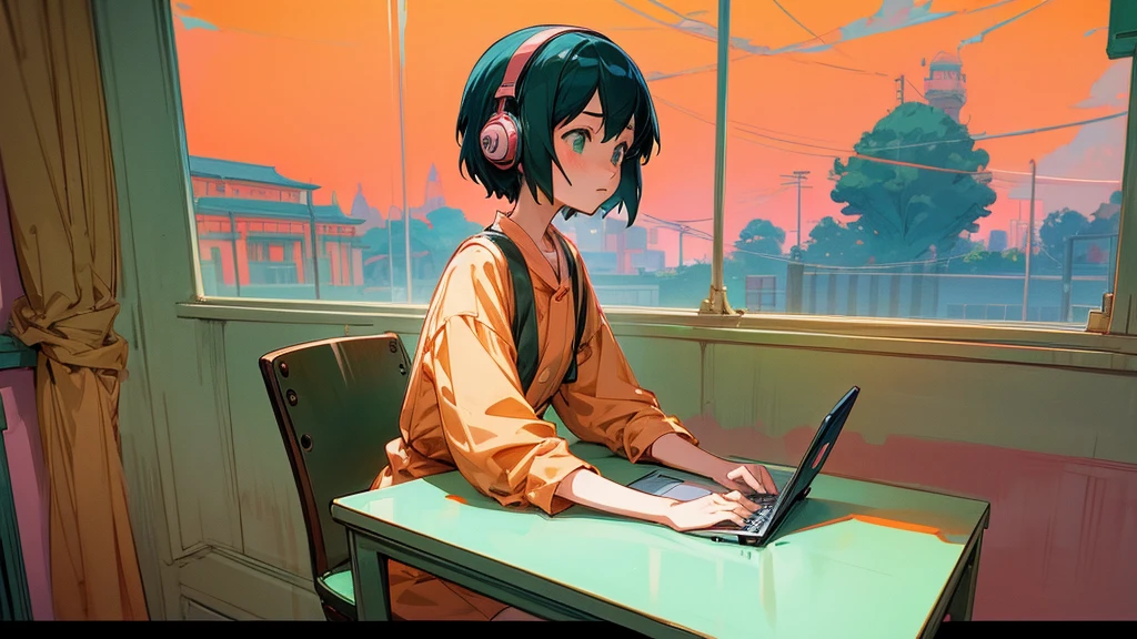 anime character sitting at a desk with a laptop and headphones, an anime drawing inspired by Atey Ghailan, trending on pixiv, art nouveau, lofi girl, lofi artstyle, style in ghibli anime, style in ghibli anime style, lofi colors, ghibli studio anime style, lofi art, lofi girl aesthetic, satoshi kon artstyle