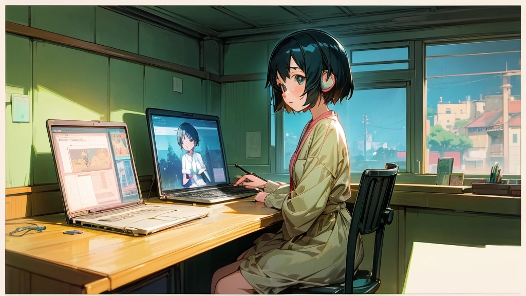 anime character sitting at a desk with a laptop and headphones, an anime drawing inspired by Atey Ghailan, trending on pixiv, art nouveau, lofi girl, lofi artstyle, style in ghibli anime, style in ghibli anime style, lofi colors, ghibli studio anime style, lofi art, lofi girl aesthetic, satoshi kon artstyle