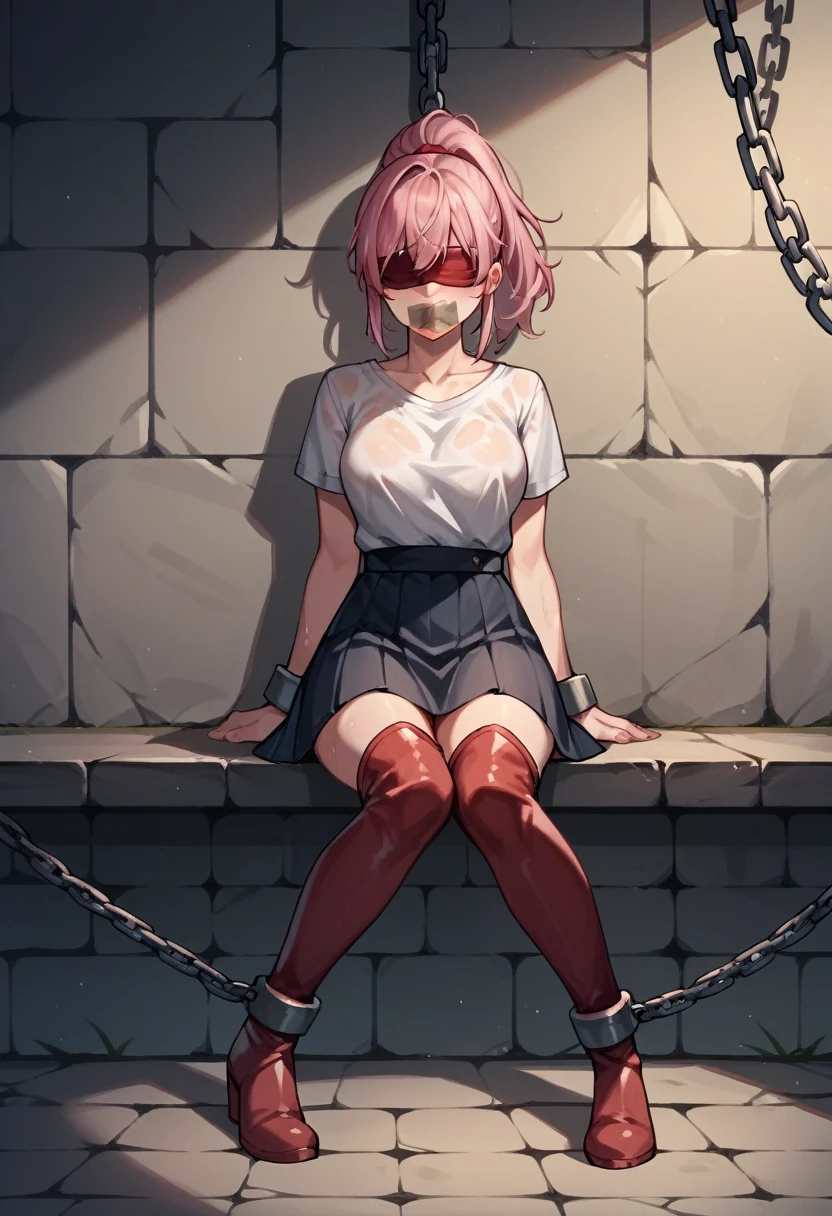 check_9, check_8_up, check_7_up, check_6_up, check_5_up, check_4_up, source_Anime, 1 woman, BDSM, value, pink hair, ponytail, blindfold, Put a chain around your neck, tape your mouth shut, WW chain, shackles, raise your hands, dirty hair, Sweaty Shirt, skirt, red thigh-high boots, night, answer, dungeon, Best quality, answer, 4k uhd,
 