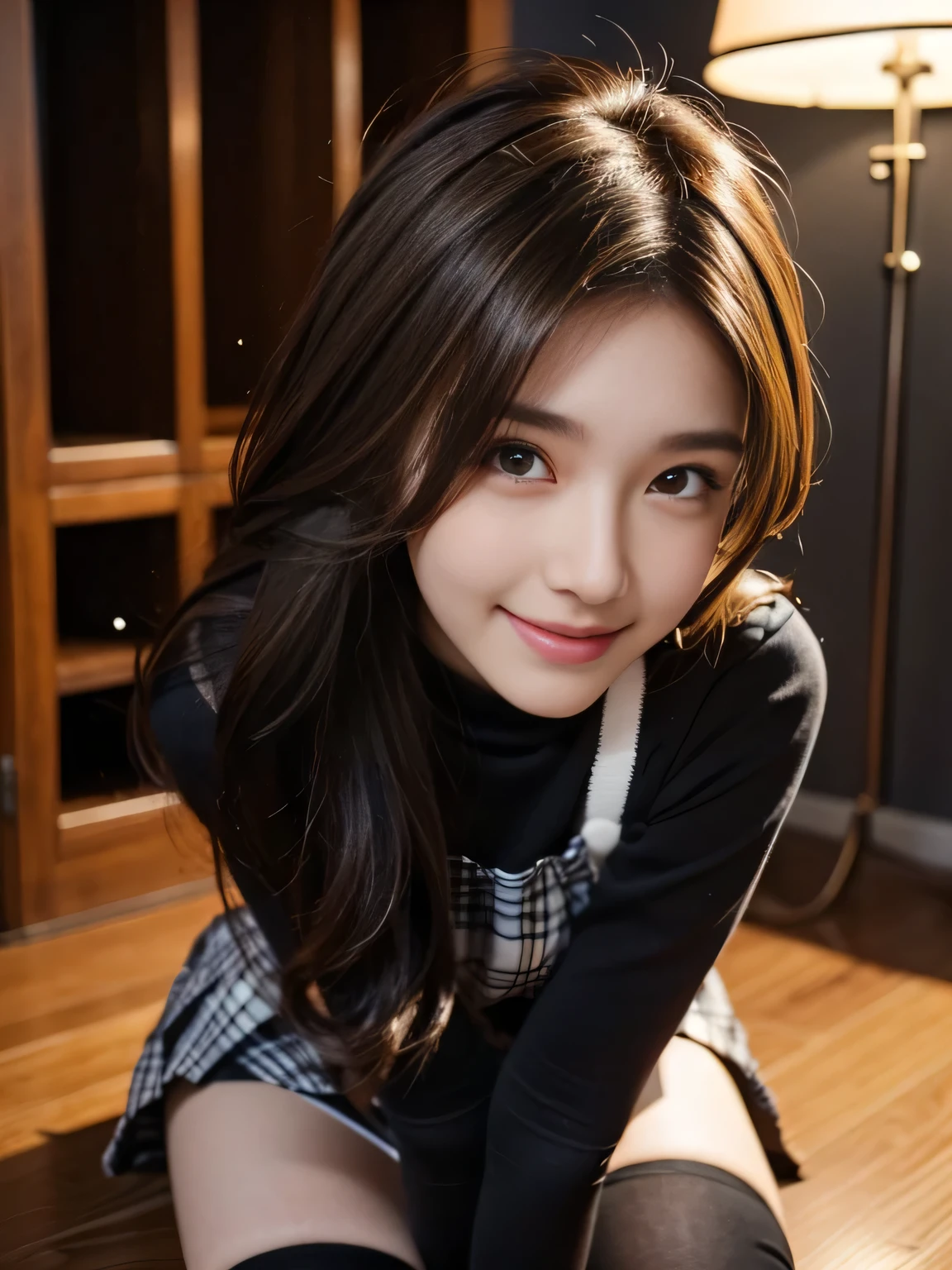 masterpiece, best quality, ultra-detailed, intricately detailed hyperdetailed, realistic, sharp features, highly detailed, sharp focus, (18 years old:1.3), perfect face, perfect symmetrically eyes, perfect full lips, hyper detailed, hyper realistic, high resolution, Fashion Model, Slender, Japanese Idol, brown hair, Stylish, Realistic, Photorealistic:1.3, Beautiful Face, light brown hair, Beautiful hairstyle, (grin), (Black tops:1.2), ((mini plaid skirt, kneehighs)), night spot,