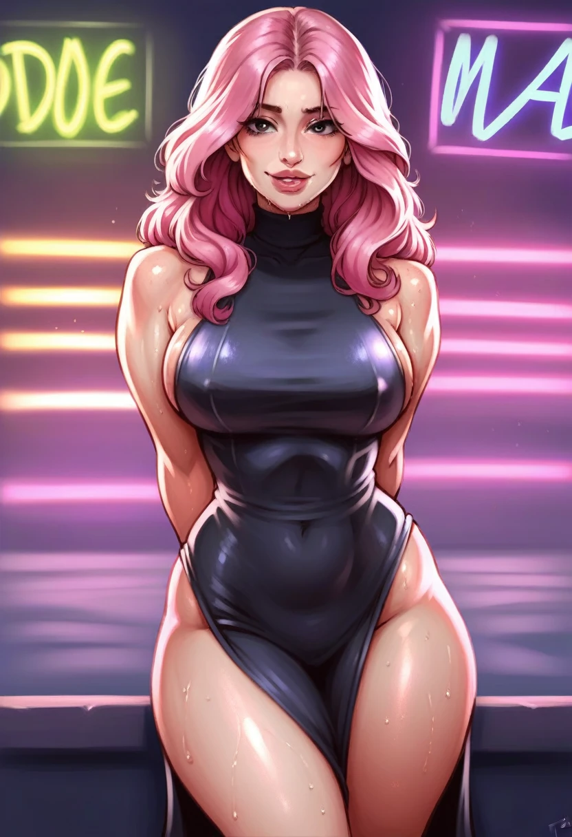 In a world full of trends, I want to remain a classic
Prompt:
HDR, High resolution, 8k resolution, , sharp nose, (((pink hair))) , award winning photo, sexy pose, (((smooth skin))) , ((big juicy lips)) , (facing viewer) , (((hourglass figure))), (((cinematic effect))) , arms behind back, Fujifilm XT3, photorealistic, depth of field, (((facing viewer))), (((sweaty))), , seductive smile, (neon lights), (((black turtleneck dress))), no defects, no defect
