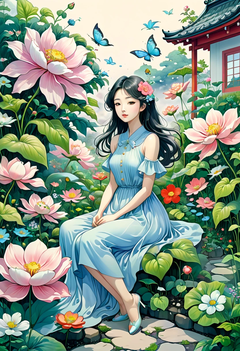 A lady was sitting in the garden，There is a huge flower next to it, A beautiful artistic illustration, Shin Jin Hye Art, Japanese pop surrealism, Japanese pop surrealism, author：Tosa Mitsuaki, Inspired by Miho Hirano, Full color illustrations, She is the center of the garden, intricate organic, author：miwa komatsu, bloom. alta fantasia