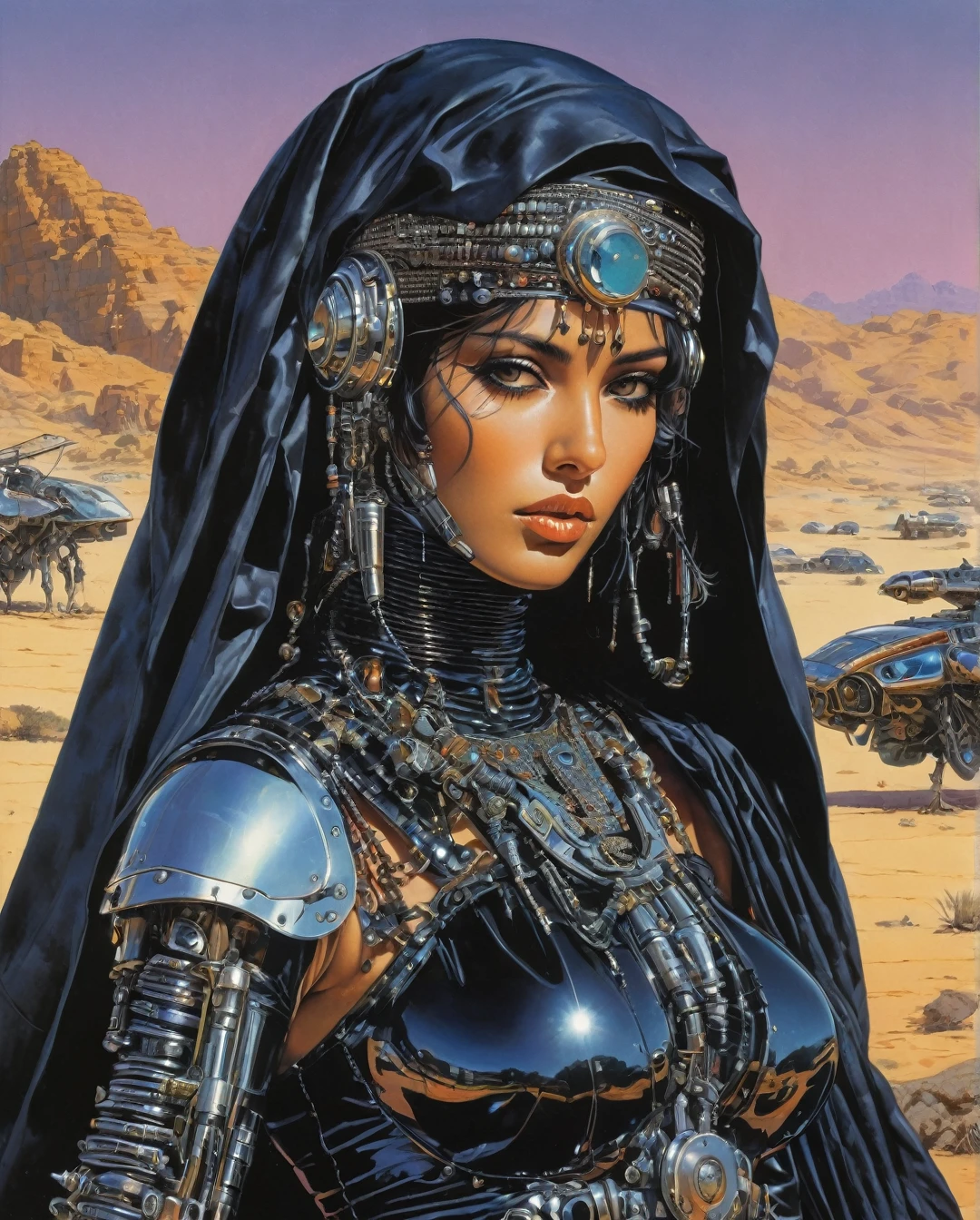  Art style by Noriyoshi Ohrai, Hajime Sorayama, Hiroshi Nagai, (Masterpiece, Top Quality, Super Deatail, High Resolution, Best Illustration), "An exceptional Saudi Arabian Bedouin female warrior adorned in a sleek, black metallic mechanical suit, seamlessly blending traditional Bedouin elements with cutting-edge cyberpunk aesthetics. The scene is set against a backdrop of a dark, dystopian sci-fi landscape, with neon-lit deserts and futuristic cityscapes. The art style echoes the retro 1980s, capturing the essence of that era's vibrant color palette and bold design. The composition should evoke a sense of mystery and power, with intricate details highlighting the fusion of ancient Bedouin culture and advanced technology."