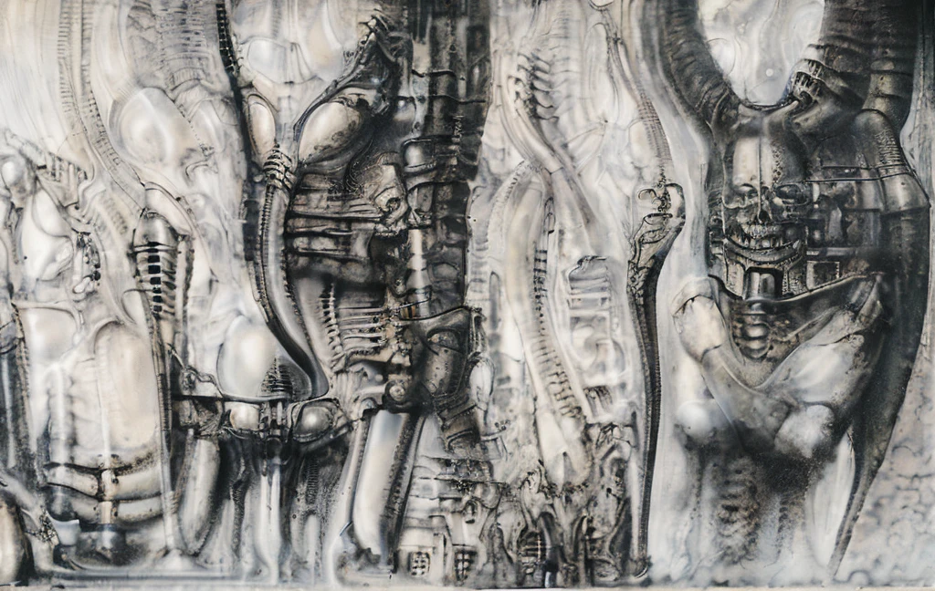 The image is a detailed view of H.R. Giger's biomechanical tableau \" Landscape XVI \" plate, featuring.
(airbrush painting, Giger's alien in front of broken alien ship in landscape, natural light, sharp focus, illustration, highly detailed, digital painting, concept art, matte, art by gric and kozhanov and moebius and Alphonse Mucha, masterpiece, HDR ,UHD , uplight, in HRGigerArhP style);1.
surrealistic painting of a monster with multiple tentacles and a body that looks like a brain, surrounded by a chaotic scene of swirling clouds and other monsters
It's a complex network of bones and organs in eldritch color scheme:a greenish-brown hue ,swirling gery and brown colors. The artwork is silverish and green brown, with an ivory bones prominently displayed. The image is highly detailed and intricate, almost like a 3d version of a medical sketchwork.
The piece is a tableau, most likely created with a India ink pen or pencil on paper, determined by the thin lines, shading techniques, and the texture of the paper, which is visible around the edges.
Used is pen, given the shading and variations in line weight visible in the image. Artist have used a variety of stylus with different degrees of hardness to achieve the shading effects.
The use of undersaturated green-grays dark contrasts creates a stark and graphic look. Is used a variety of linework techniques to create different textures. Fine, parallel lines create a smooth, metallic texture,while thicker, more cursive lines suggest cables or wires.
Light source from the top highlights skeletals, pper part of foreground, lower part of image is in shadowupper part of foreground, lower part of image is in shadow.
The art performance showcases the artist’s skills in observation and rendering. The level of detail in the piece suggests a close study of real bone specimens and mechanics. The artist has skillfully used shading techniques to create a convincing illusion of three-dimensionality on a flat surface. The wrinkles