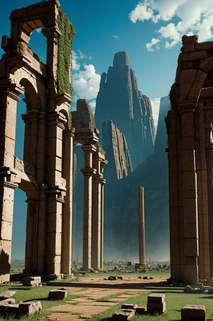 In dark fantasy world ruins of a destroyed empire with large monoliths and flags of bolivia