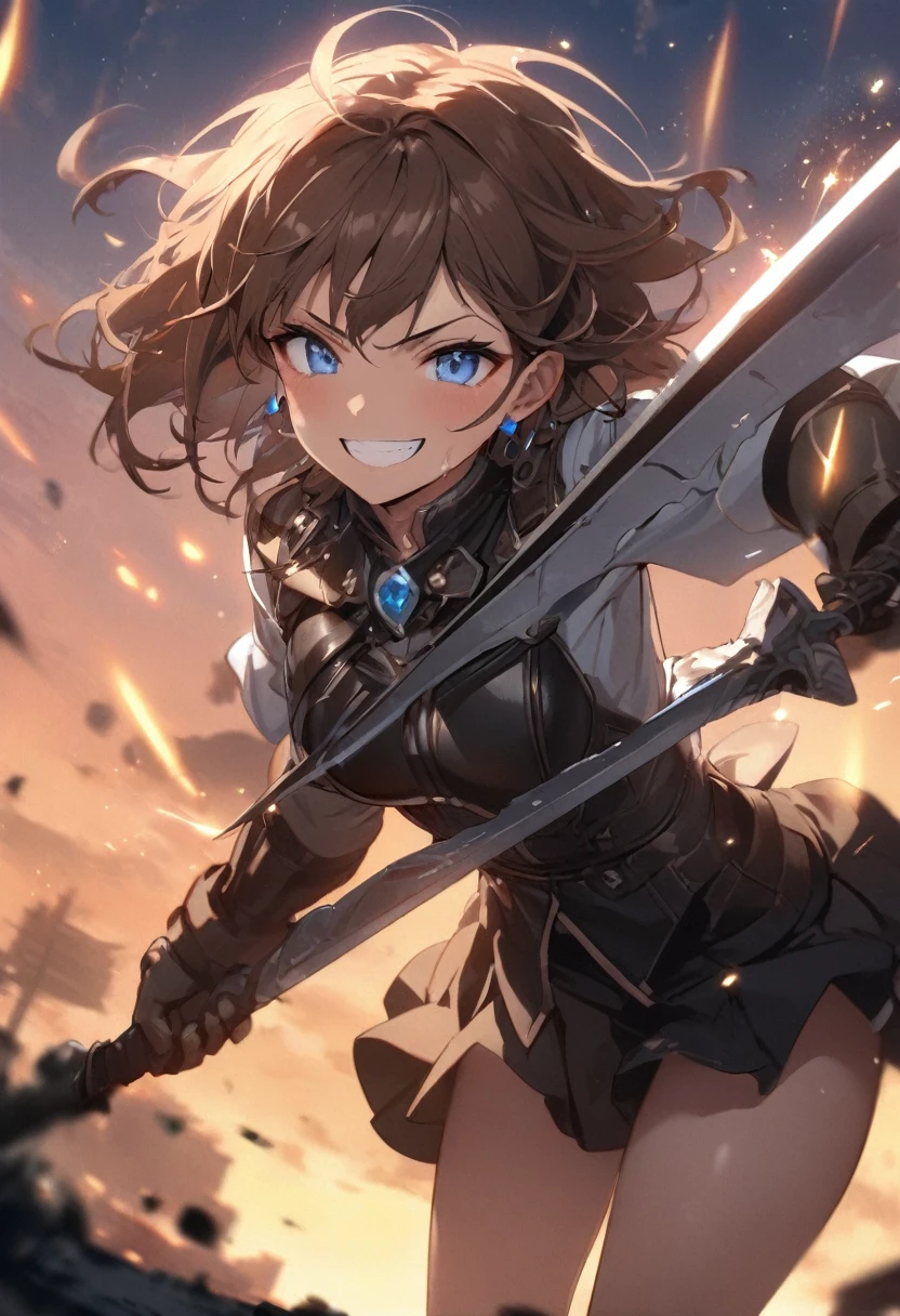Brat, ((masterpiece)), High resolution, 10 years old、girl、 Brown Hair、Short Bob、((smile、Grin))、Excited、Sweating all over the body、Bright Blue Eyes、smile、((Grin))、Earrings、(((Fight with a sword)))、Sparks fly、Disturbed、Light、highlight、Motion Blur、Simple armor(mini skirt、wind lift:1.0)、Shallow depth of field、final battle、Fantastic、tense、Intense Combat、((Starry Sky、dusk))、Perfect Anatomy、