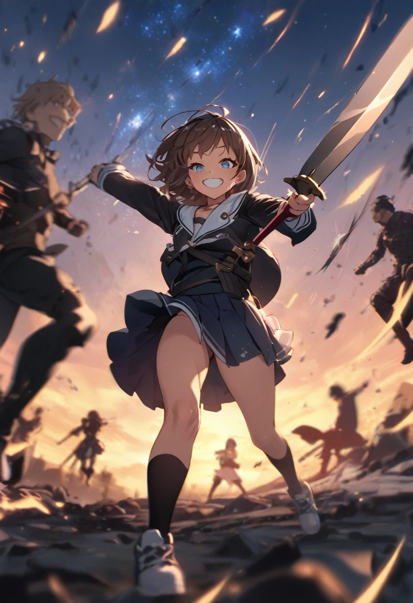 Brat, ((masterpiece)), High resolution, 、girl、 Brown Hair、Short Bob、((smile、Grin))、Excited、Sweating all over the body、Bright Blue Eyes、smile、((Grin))、Earrings、(((Fight with a sword)))、Sparks fly、Disturbed、Light、highlight、Motion Blur、Simple armor(mini skirt、wind lift:1.0)、Shallow depth of field、final battle、Fantastic、tense、Intense Combat、((Starry Sky、dusk))、Perfect Anatomy、