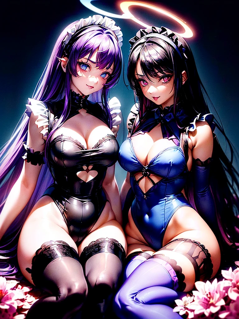 Highest quality,Highest Resolution,(((A beautiful girl with blue eyes and black hair in a maid leotard)))and(((A beautiful girl with red eyes and purple hair in a gothic lolita leotard)))are having sex in the sitting position,kiss,saliva,(((Halo))),smile,Frills,Knee-high stockings,Camera from a distance,