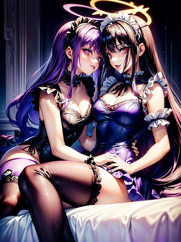 Highest quality,Highest Resolution,(((A beautiful girl with blue eyes and black hair in a maid leotard)))and(((A beautiful girl with red eyes and purple hair in a gothic lolita leotard)))are having sex in the sitting position,kiss,saliva,(((Halo))),smile,Frills,Knee-high stockings,Camera from a distance,