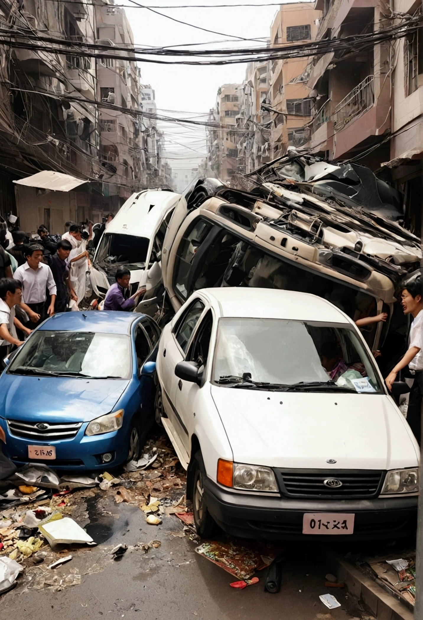 disaster,the street,Vehicle collision,Overturned,clutter People desperately fleeing through the rubble々