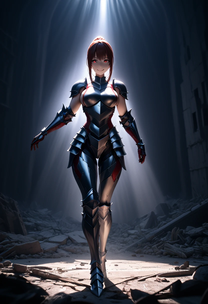 (masterpiece, top quality, best quality, beautiful and aesthetic:1.2), full body, SFW, extremely detailed, detailed face and eyes, detailed hands, cinematic light, depth of field, 1girl, seducing smile, solo, official, (full armored knight:1.4), black armor, makima, dark red hair, medium hair, ponytail hair, athletics body, cinematic lighting, dramatic lighting, dramatic atmosphere, hyper-realistic, high resolution, stunning contrast, high quality, best quality, 8k, 4k, intricately detailed, (amazing details:1.2), highly detailed skin, powerful presence, vibrant colors, (detailed eyes:1.2), striking eyes, (detailed background), (warzone on background, night, ruins), (dynamic angle:1.2), (dynamic pose:1.2)