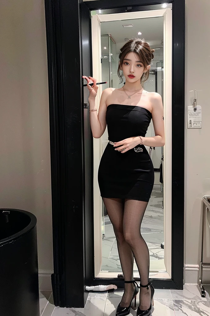 ((top quality, 8K, masterpiece: 1.3)), lens flare, indirect lighting, beauty, (faint smile : 1.1), (1 woman, 25 years old, kpop idol, solo), (beauty: 1.4), (full body shot), slim body, realistic skin, ((black medium hair : 1.3), (Strapless mini dress, long legs, see-through pantyhose, choker necklace, Accessories, high heel, (Make-up room, wardrobe, powder room), (facing the makeup mirror, Bow your upper body,, stick out your ass,Leaning, applying lipstick) , very detailed look, very detailed lips, detailed eyes, precise gaze, beautiful pupils, Clear eye line, abundant eyelashes, double eyelid, detailed fingers, detailed legs, natural anatomy, cosmetics pouch, Powder, cosmetics, Nail art, feminine accessories