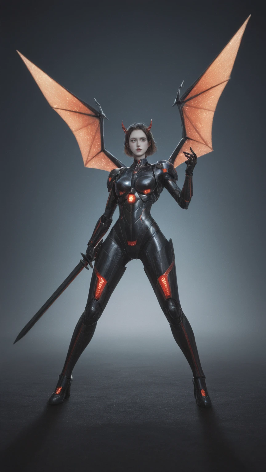realistic,score_9, score_8_up, score_7_up, 
 Cyberpunk helllady warrior in neon mecha armor, female swordsman holding a sword , solo, Luminescence’s light eyes, Devil’s  mechine Wings, wide-angle lens, biology, weird, creepy, nightmarish, light particles, Luminescence,the world on fire, post-apocalyptic hellscape,  Fighting pose