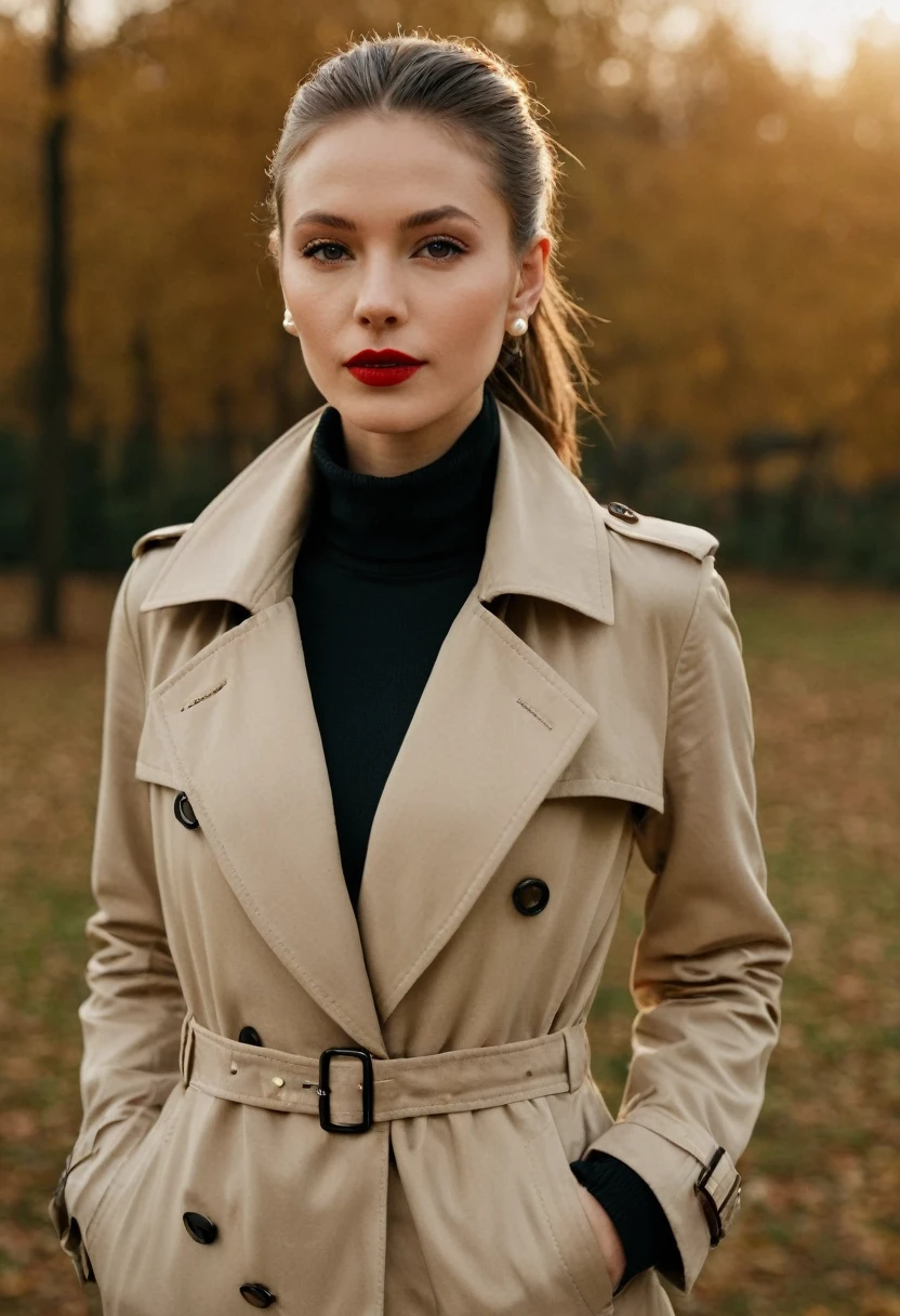 color digital photograph of María Jiménez a beautiful slavic woman, pale skin, long dark golden hair, (a beige trench coat), (a black turtleneck sweater), (khaki trousers), (brown ankle boots), (pearl earrings), (red lipstick), (sleek ponytail) and Stiletto heel shot on Kodak PIXPRO AZ401 16MP Digital Camera by Helen Levitt, 26 years old, (Statuesque, Regal, Majestic), promoting body positivity, tiny breasts, feeling Sociable, in the evening,full body, masterpiece, natural lighting, (outdoor setting:1.2), warm tones, side lighting, natural skin details, 4k, UHD, masterpiece, detailed eyes, detailed face, detailed skin, perfect hands, perfect feets, photo, high skin detail, moles, imperfect skin, ultra realism, RAW photo, subsurface scattering