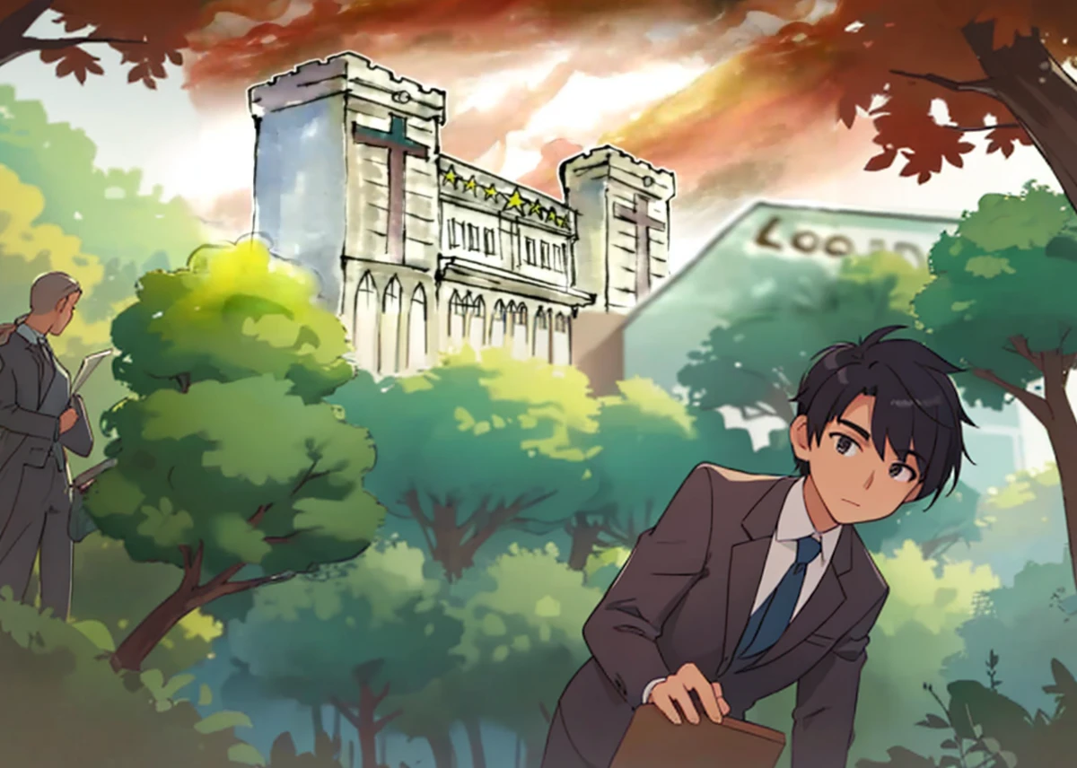 7 men in suits , trees and bushes