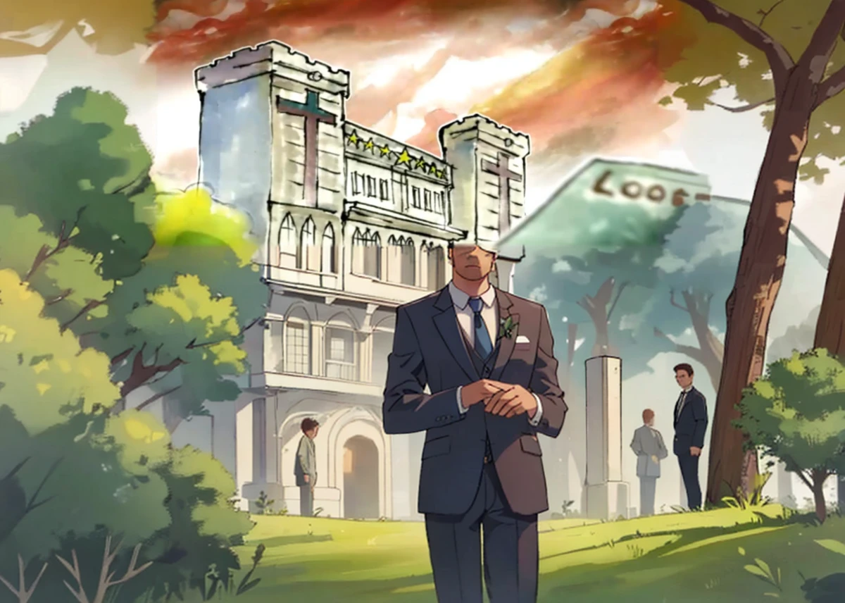 7 men in suits , trees and bushes
