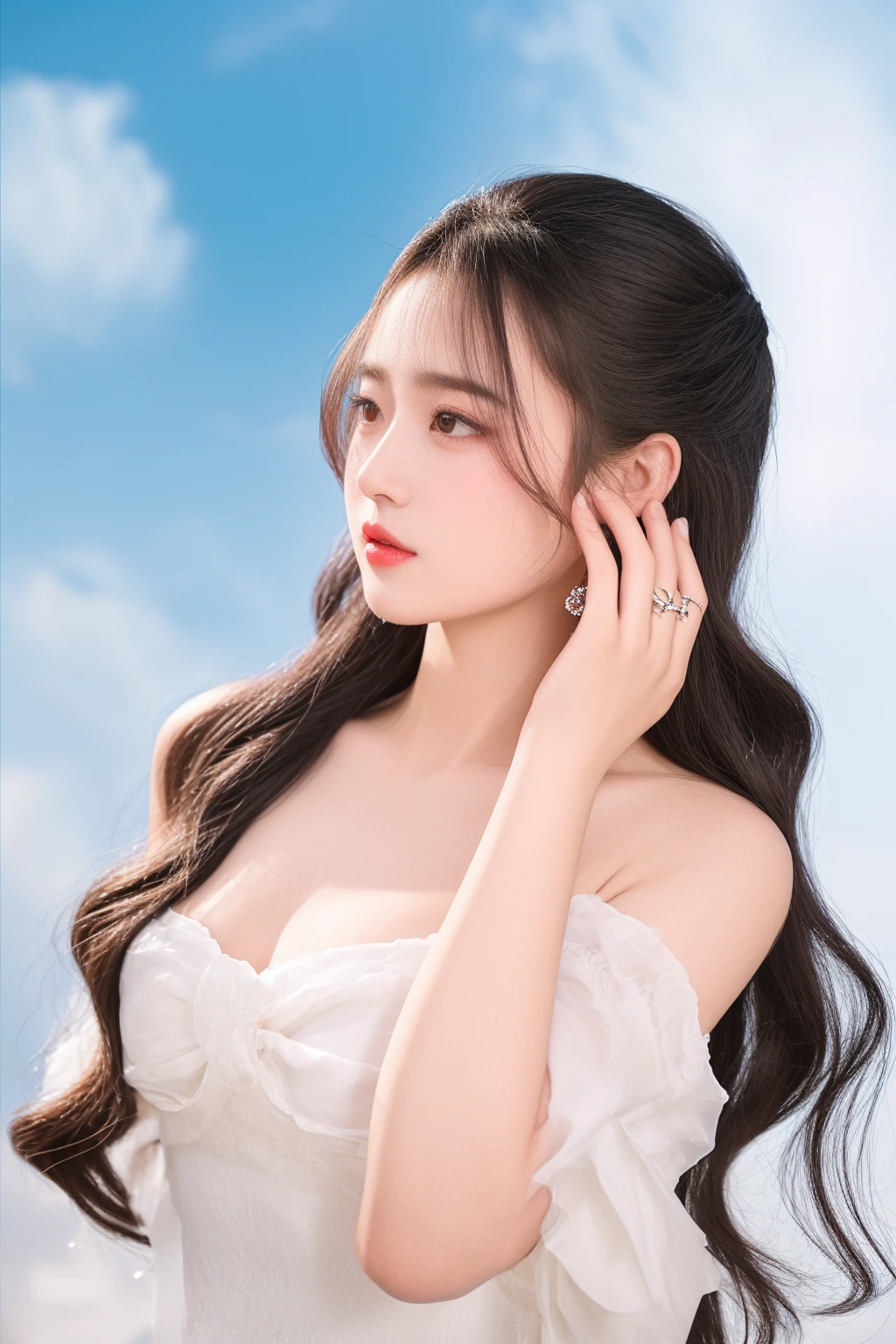 araffe woman with long hair wearing a white dress and earrings, dilraba dilmurat, inspired by Huang Ji, xintong chen, chengyou liu, zeng fanzh, yanjun chengt, sha xi, li zixin, xianxia, young beautiful woman, hot with shining sun, xision wu, jinyiwei