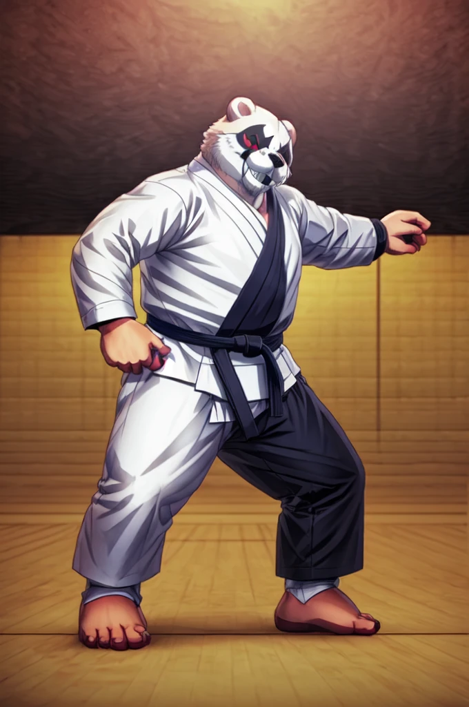 (((Barefoot furry character, full body, cinematic setting, furry male, plantigrade)))

(((monokuma))), bear, grin, teeth, half black and half white, judo, blue kimono, (((ankle braces))), (((martial art footwear)))

BREAK, masterpiece, ((detailed background)), ((dynamic background)), 8K, (masterpiece:1.5), intricate details, highly detailed, extreme detail, octane render, unreal engine, fine art, best quality, highres, (detailed face:1.5), ((full_body)), UHD, (((perfect hands))), low light, set at night