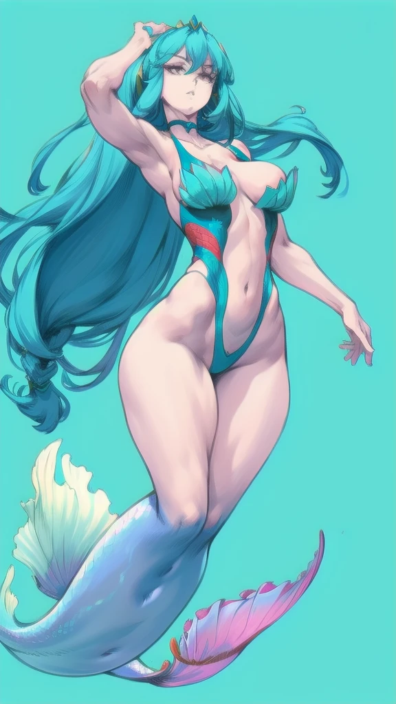 Full body image of a mermaid woman, full body in image, wearing ocean-inspired outfit, long hair with mermaid-like features (scales, fin, aquatic colors), female body, slender and graceful body, dynamic pose, detailed pose, simple background, expressive face showing serenity, focus on face, line art, sketch
