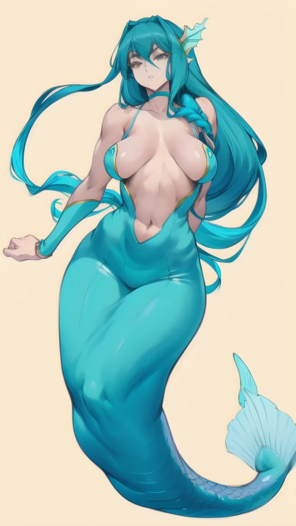 Full body image of a mermaid woman, full body in image, wearing ocean-inspired outfit, long hair with mermaid-like features (scales, fin, aquatic colors), female body, slender and graceful body, dynamic pose, detailed pose, simple background, expressive face showing serenity, focus on face, line art, sketch