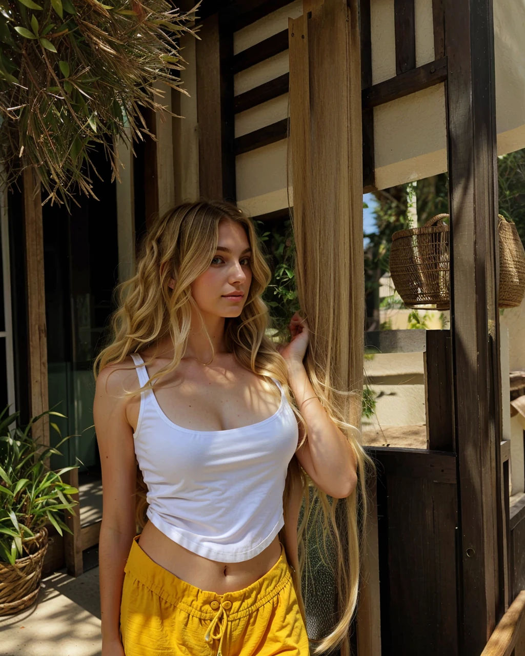 with blonde locks of very long and wavy hair, with green eyes of Spanish origin, with a pretty sweet face
