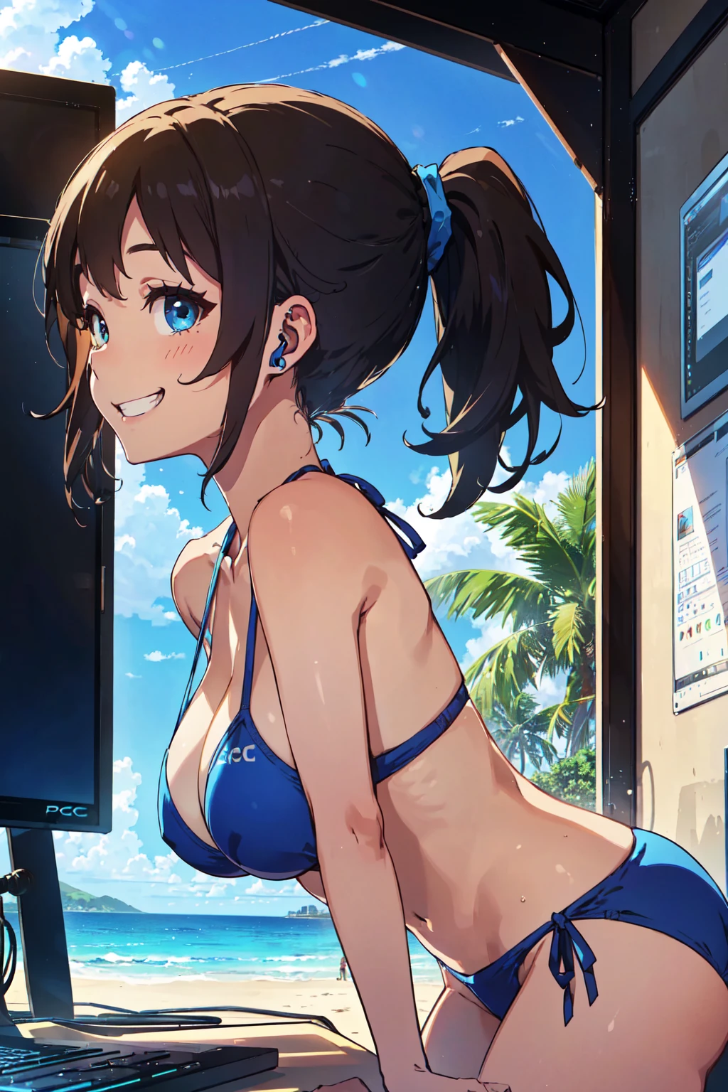 (Grinning in front of the PC screen:1.3), youtuber, delivery, summer, room, (Girl in blue bikini:1.1), (detailed eye:1.3), (Side view:1.3), ponytail, Earphone microphone, Leaning forward, Uplifting, Disheveled Hair,