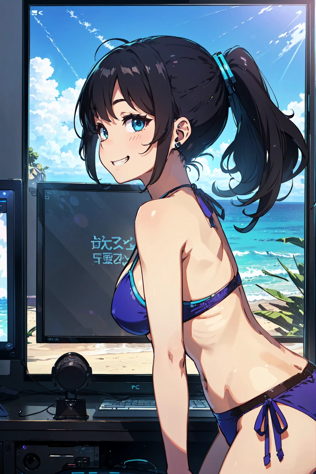 (Grinning in front of the PC screen:1.3), youtuber, delivery, summer, room, (Girl in blue bikini:1.1), (detailed eye:1.3), (Side view:1.3), ponytail, Earphone microphone, Leaning forward, Uplifting, Disheveled Hair, 