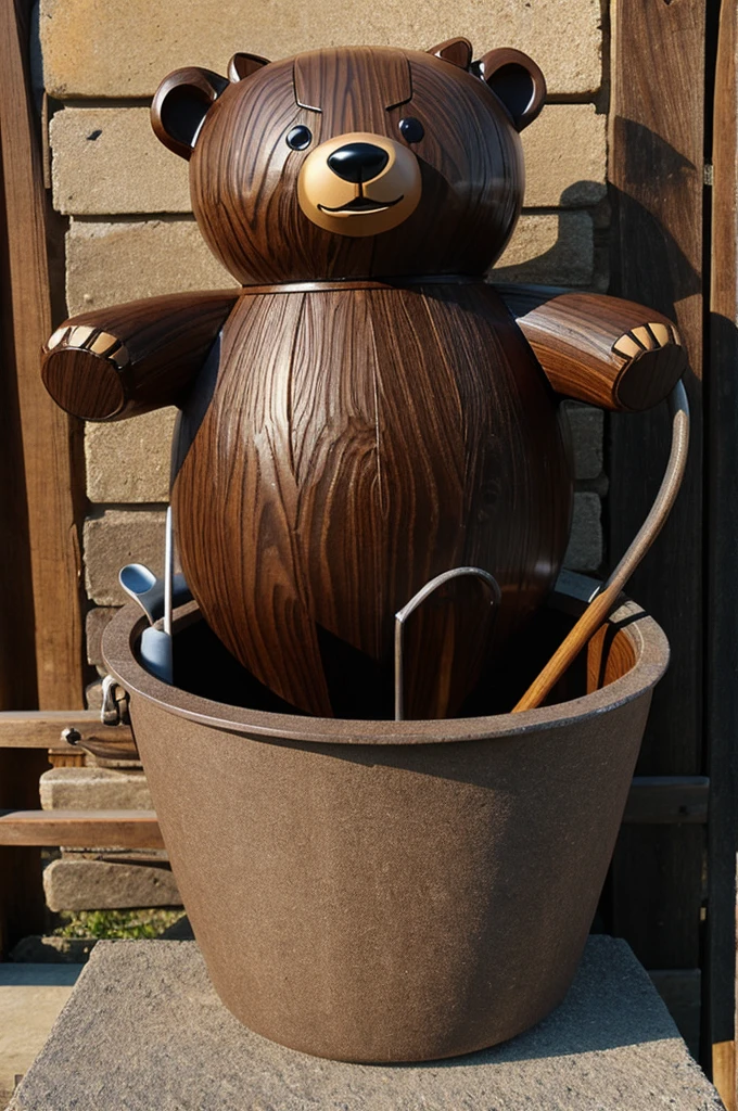 Create me a brown bucket design, with the figure of a bear&#39;s face all over the bucket