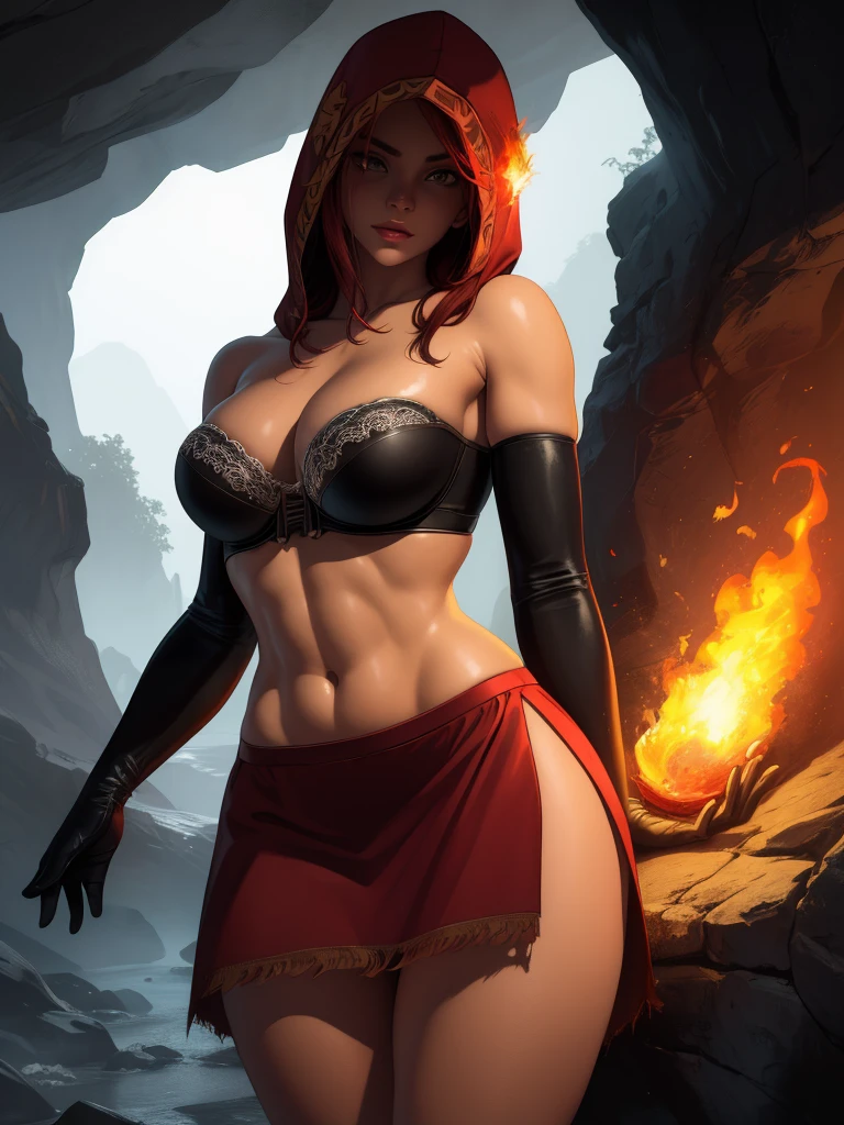 Dsorceress, redhair, shadowy face,dark cave, fire, hood, shadowed face, strapless bra, slim and athletic body, miniskirt, no panty, elbow gloves, dark skin, 1 girl (insanely detailed, masterpiece, best quality)