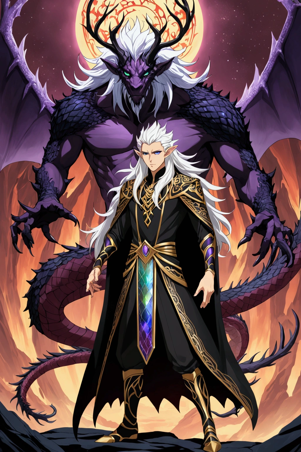 Solo, male , Character fusion: Nibelung fused with nidhoggr, odin and sun wukong, tall tanned man with wild unruly white hair, bangs on face, bangs, ((iridescent irises)), black sclera on eyes, long voluminous hair, spiky hair, pointy ears, fit , clawed fingers, dragon tail, open haori, turtleneck tanktop, dark crystal antlers, exhausted expression, khaenr'ah abyss, draconic person, s9vereign of the abyss, calamity incarnate,  full body