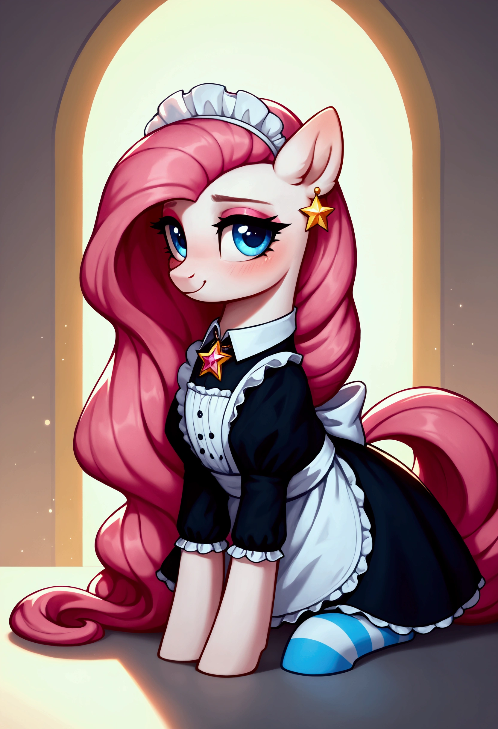 score_9,score_8_up,score_7_up,score_6_up, ((my little pony)), radiant lighting, vibrant colors, whimsical atmosphere, 8K, high resolution, highly detailed, masterpiece, (shy look), ((pony body)), ((brightness white body)), blue eyes, (maid costume), striped stockings, star pendant, earrings, eyeshadow, (very long pink hair:1.3), ((erotic pose)), (devoted gaze)