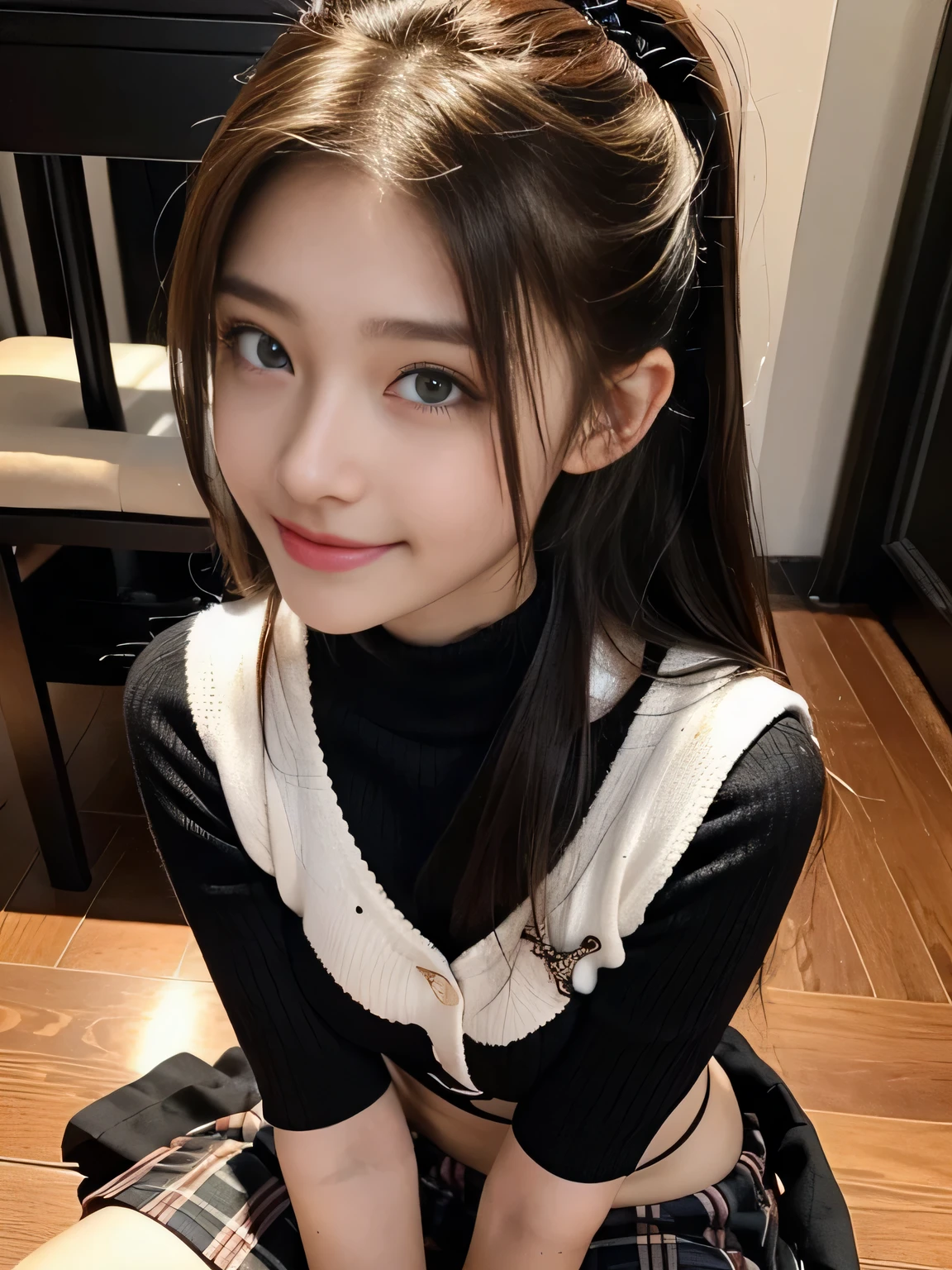masterpiece, best quality, ultra-detailed, intricately detailed hyperdetailed, realistic, sharp features, highly detailed, sharp focus, (18 years old:1.3), perfect face, perfect symmetrically eyes, perfect full lips, hyper detailed, hyper realistic, high resolution, Fashion Model, Slender, Japanese Idol, brown hair, Stylish, Realistic, Photorealistic:1.3, Beautiful Face, light brown hair, Beautiful hairstyle, (grin), (Black tops:1.2), ((mini plaid skirt, kneehighs)), night spot,
