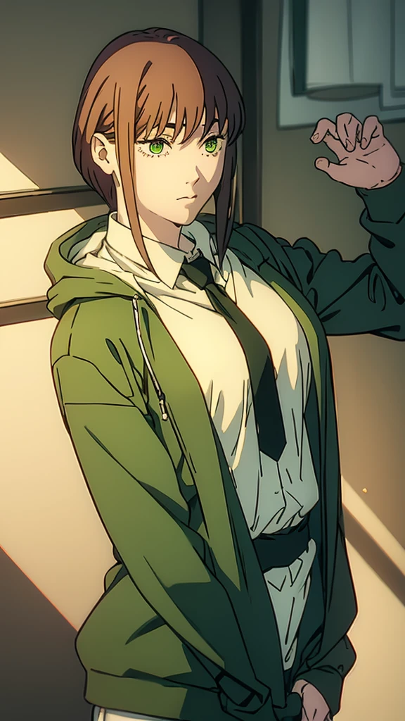 girl , green hoodie , white skin , beautiful , short brown hair , green eyes , sexy , sixteen years old