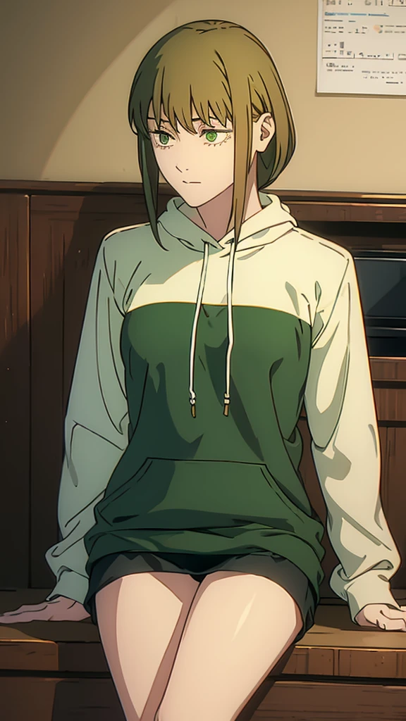 girl , green hoodie , white skin , beautiful , short brown hair , green eyes , sexy , sixteen years old
