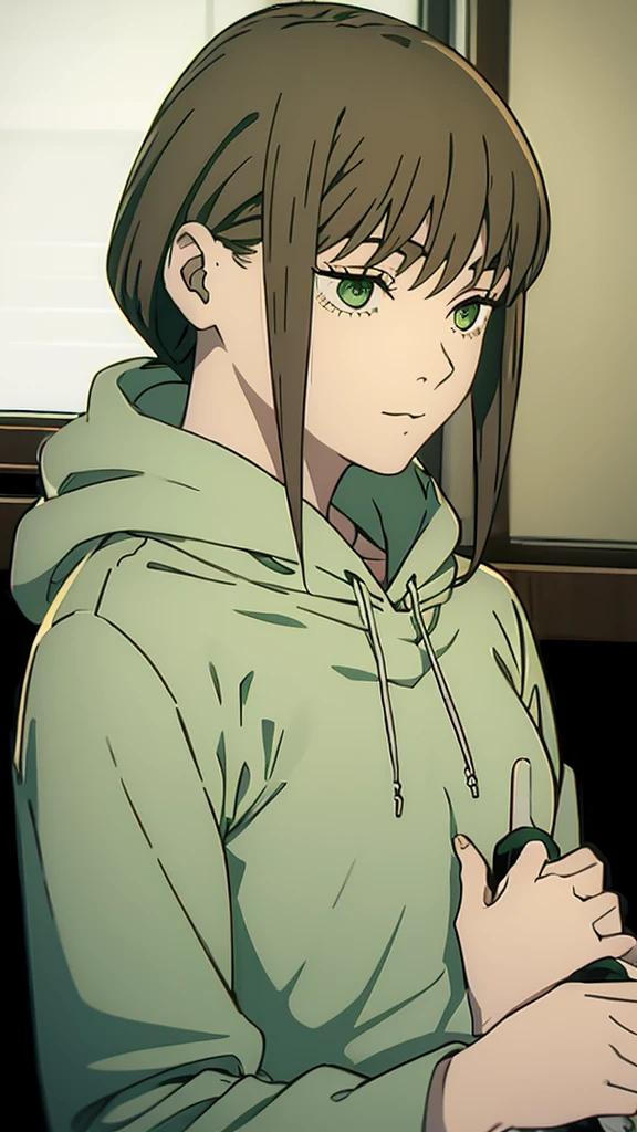 girl , green hoodie , white skin , beautiful , short brown hair , green eyes , sexy , sixteen years old
