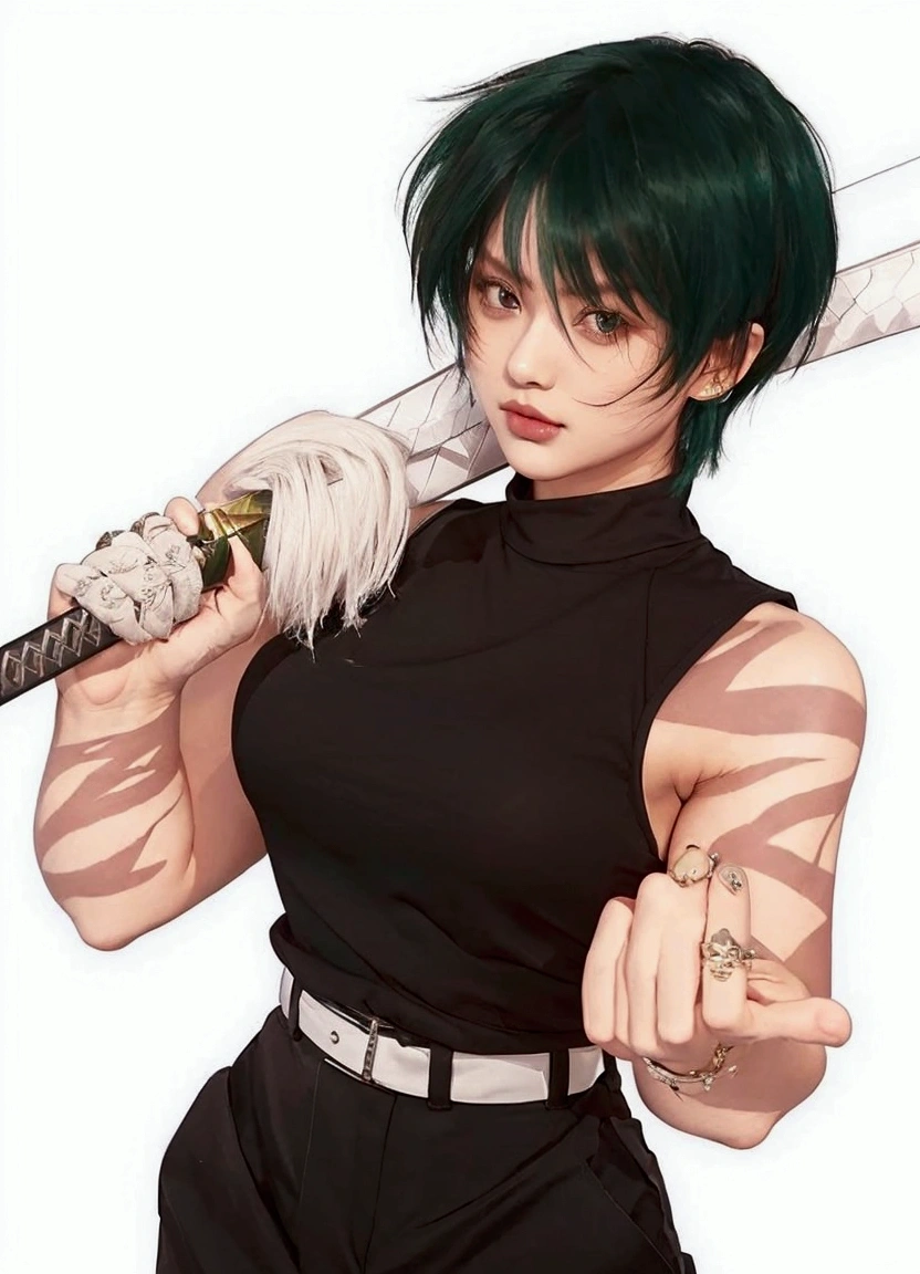 Girl. Short green hair. Black sleeveless shirt. Pants with white belt. Holding a katana sword.