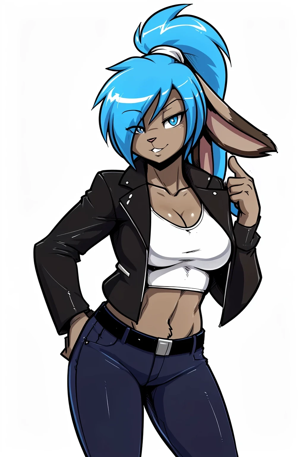 (adult, sketch-ish, 2d, absurdres, best quality, uploaded on e621), (by uc77, by zeekzag, by skidd, by john joseco, by kadath, by bigdad, by shonuff, by scappo), ((white background, no background:1.4)), (bust portrait, manga styled, manga styled eyes, intense pupils, getter robo styled eyes), (sassy, seductive, cute, adult, female anthro rabbit, solo, rabbit ears, lop ears), ((tufted fur, dark tan body, dark tan fur:1.5)), (pattens blue eyes, bedroom eyes, lidded eyes), ((medium-length hair with a ponytail, baja white hair, celeste cyan hair, very light blue hair, bright blue hair, gradient hair)), (hair over eye), ((waist jacket, white sports bra, white and black jeans)), (curvy figure), (((short rabbit tail:1.1))), thumbs up