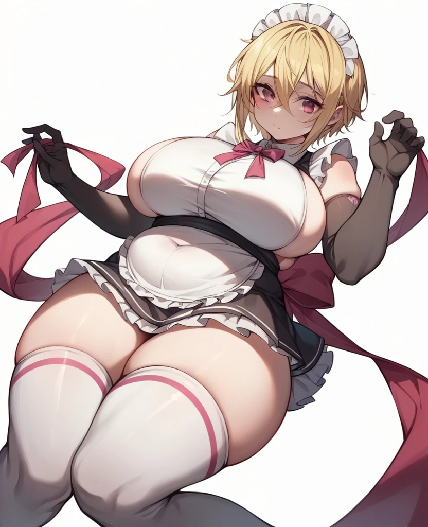 (One girl)、(short hair)、((Blonde))、（Sato Air）、(boyish)、((Big super breasts))、(Chubby)、beautiful girl、(Big thighs)、pink eye、Maid clothes、No sleeve、mini skirt、White sleeveless、((hairs between eyes))、((thigh-high socks thighhighs))、(long gloves)、say、White Background、