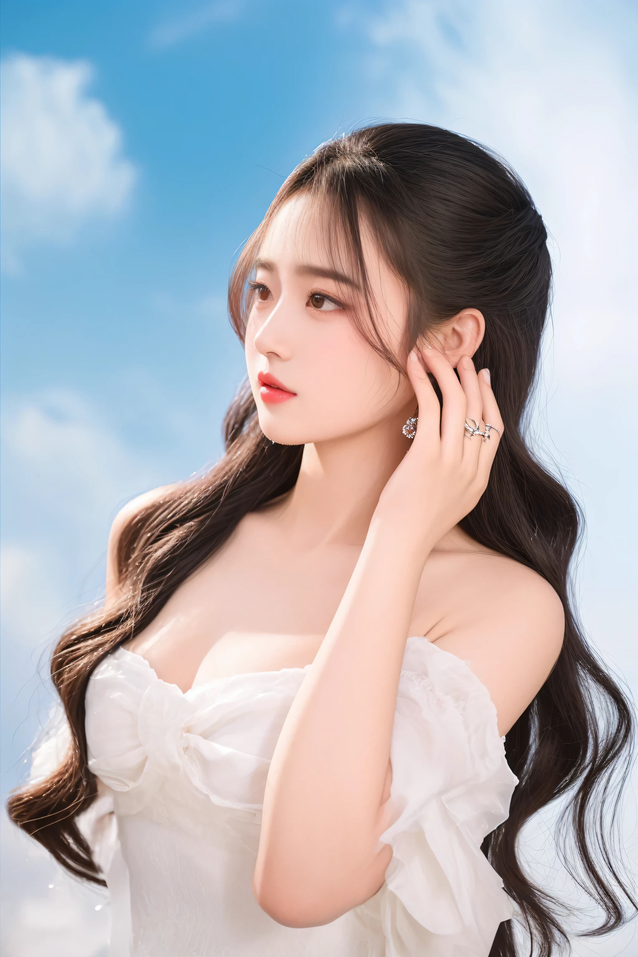 araffe woman with long hair wearing a white dress and earrings, dilraba dilmurat, inspired by Huang Ji, xintong chen, chengyou liu, zeng fanzh, yanjun chengt, sha xi, li zixin, xianxia, young beautiful woman, hot with shining sun, xision wu, jinyiwei