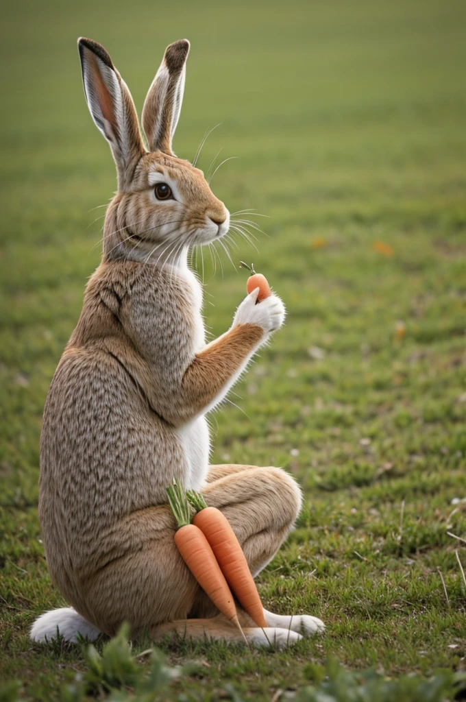 a hare with a carrot in his hands is sitting in the field